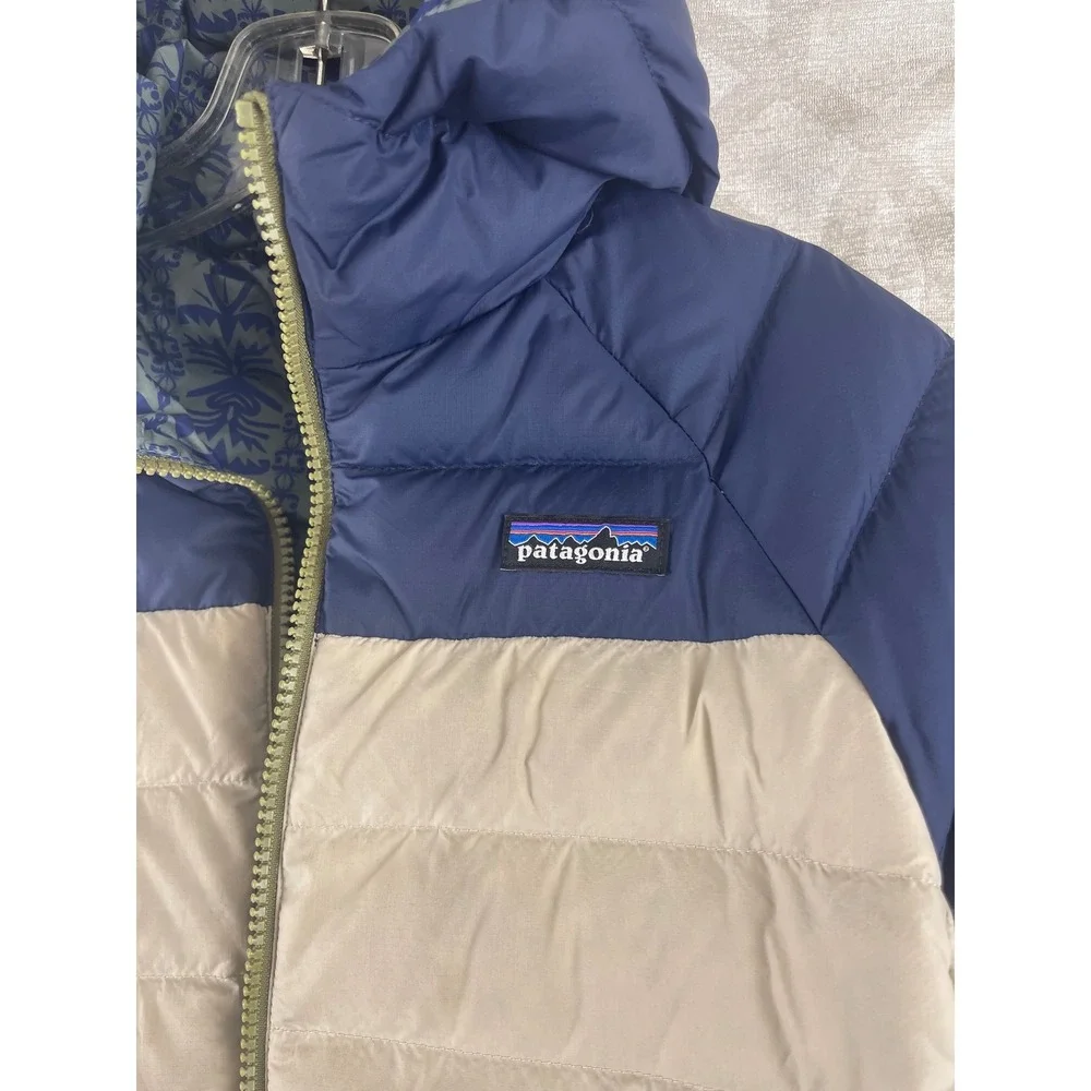 Patagonia Kids Reversible Down Sweater Hoody Navy‎ Tan Blue Pattern Size M 10